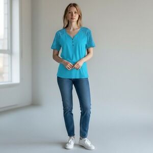 Rank 45 Womens XL Blue Henley Short Sleeve Raglan V-Neck T-Shirt Turquoise